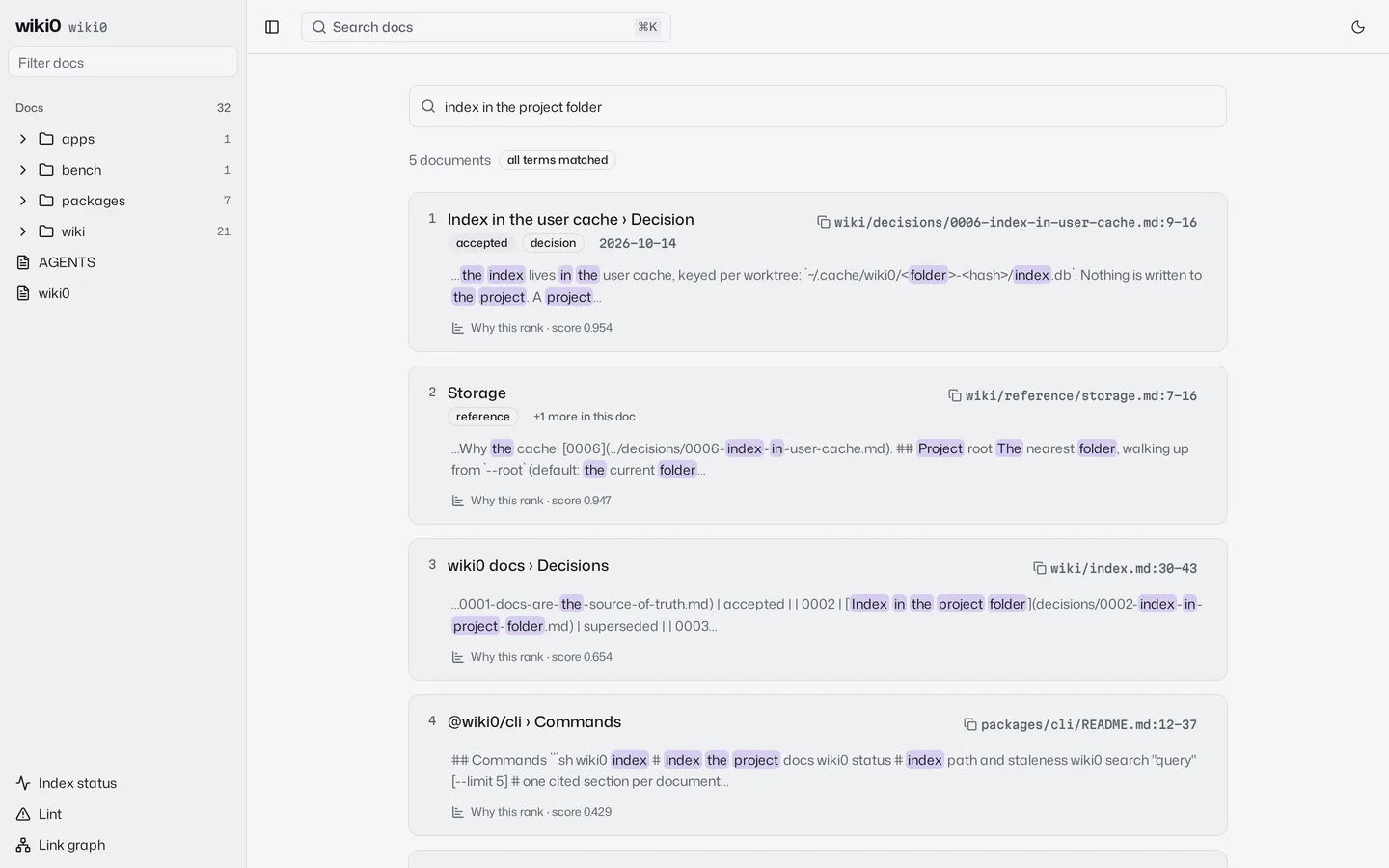 Search results for “index in the project folder”, each with its citation and score